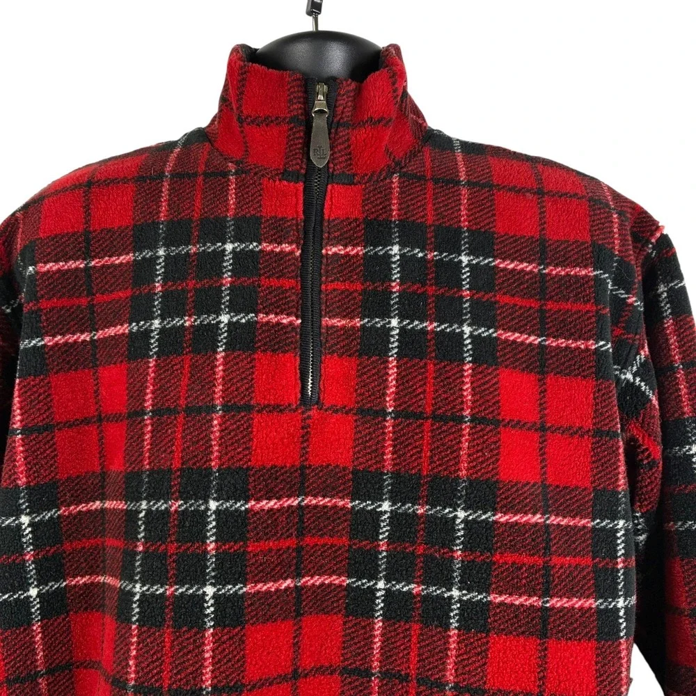 Lauren Ralph Lauren 1/4 Zip Plaid Fleece Men's Medium Red Tartan USA‎ Made VTG